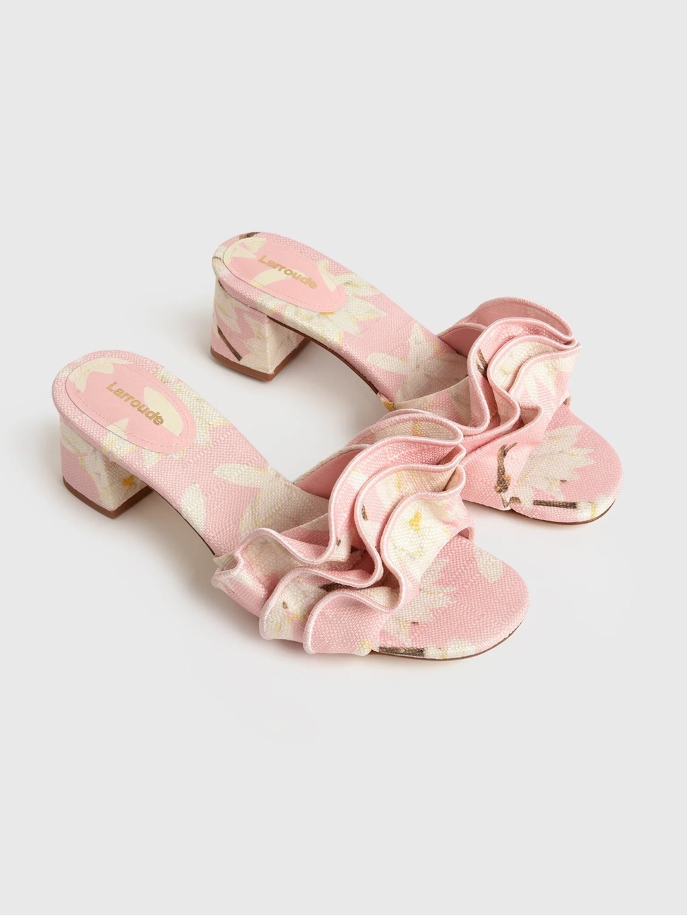 Larroude Women's Brigitte Ruffle
Heel Mule in Raffia Lotus Print Tulip Sz 9